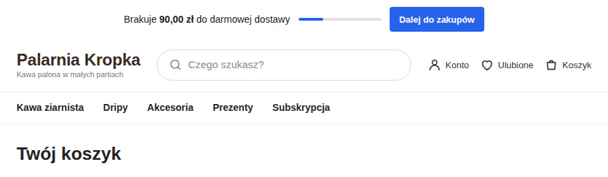 Koszyk z jednym produktem za 39 zł i pasek „Brakuje 90,00 zł do darmowej dostawy” z krótkim postępem.