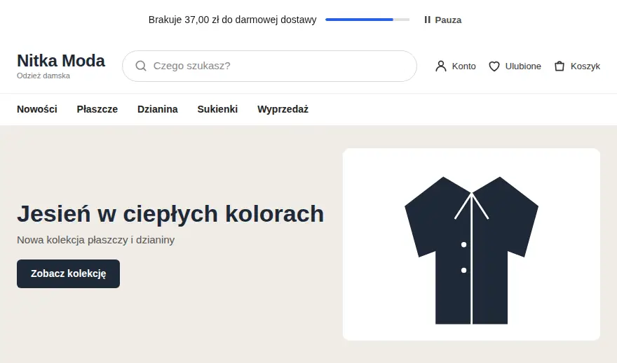 Sklep z odzieżą Nitka Moda: nad nagłówkiem pasek zmienia komunikaty, między innymi Black Week -20% z przyciskiem Kopiuj kod BLACK20 i informację, ile brakuje do darmowej dostawy.