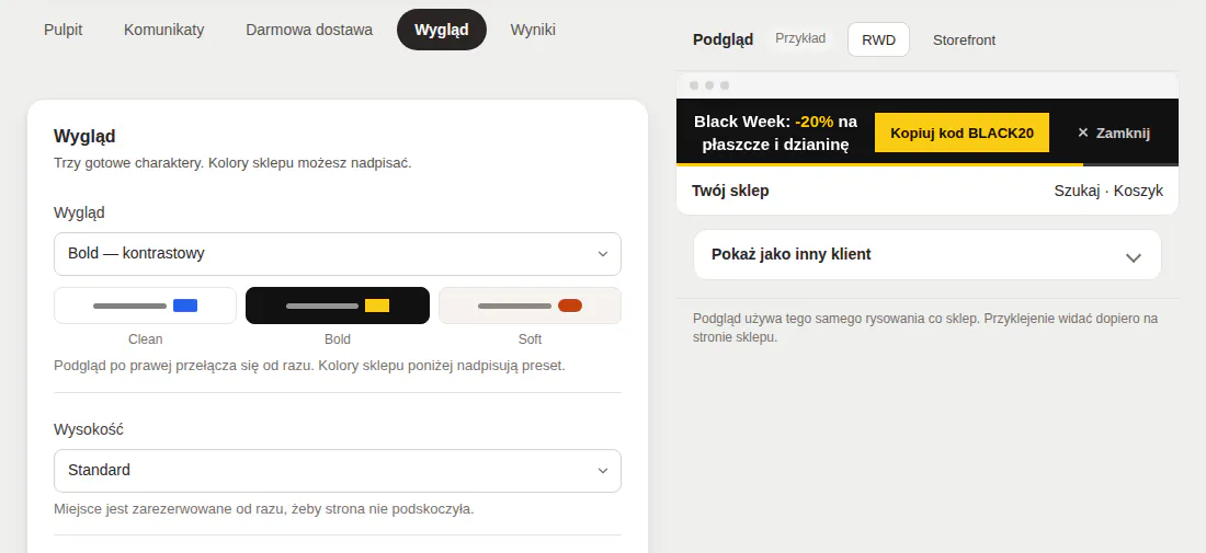 Panel, zakładka Wygląd: wybór między Clean, Bold i Soft oraz podgląd paska.