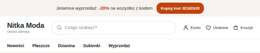 Pasek z kodem JESIEN20: przycisk Kopiuj kod JESIEN20 zmienia napis na Skopiowano.