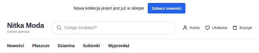 Pasek z tekstem o nowej kolekcji i niebieskim przyciskiem Zobacz nowości.
