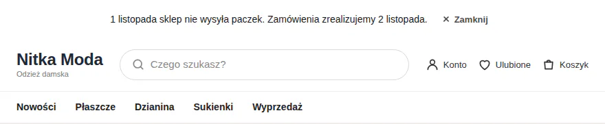 Pasek z informacją, że 1 listopada sklep nie wysyła paczek, i przyciskiem Zamknij.