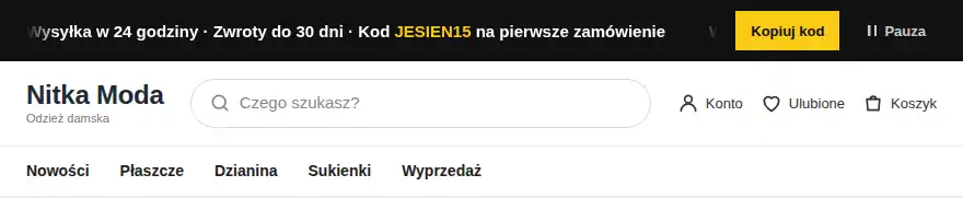 Czarny pasek z przewijanym tekstem o wysyłce, zwrotach i kodzie JESIEN15 oraz przyciskami Kopiuj kod i Pauza.