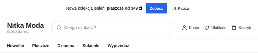 Pasek zmienia komunikaty co kilka sekund: nowa kolekcja, zwroty do 30 dni, wysyłka w 24 godziny.
