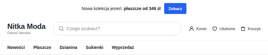 Pasek z jednym komunikatem „Nowa kolekcja jesień: płaszcze od 349 zł” i przyciskiem Zobacz.