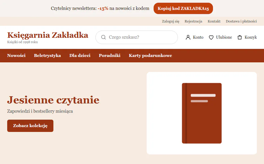 Sklep Księgarnia Zakładka w starszym szablonie RWD: kremowy pasek „Czytelnicy newslettera: -15% na nowości z kodem” i przycisk Kopiuj kod ZAKLADKA15.