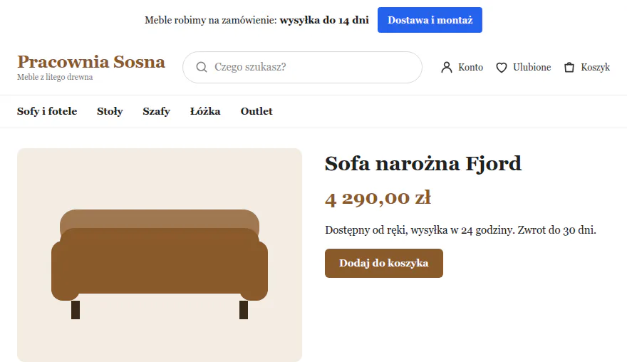 Karta produktu Sofa narożna Fjord z paskiem „Meble robimy na zamówienie: wysyłka do 14 dni” i przyciskiem Dostawa i montaż.