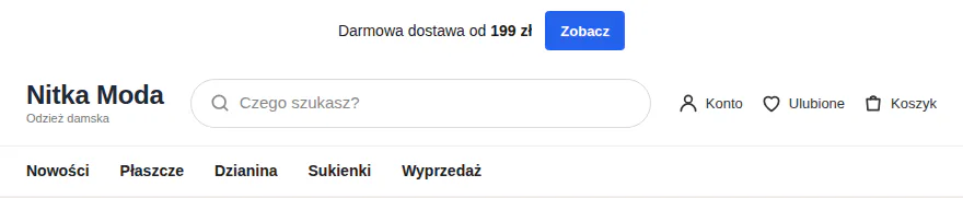 Pasek Clean nad nagłówkiem sklepu z odzieżą: biało-czarny tekst „Darmowa dostawa od 199 zł” i niebieski przycisk Zobacz.