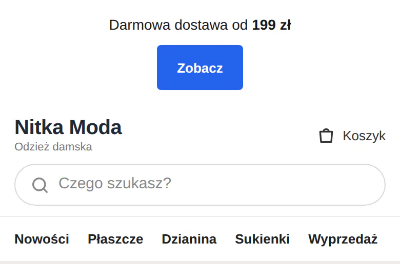 Telefon: biały pasek Clean z tekstem o darmowej dostawie i niebieskim przyciskiem Zobacz pod spodem.