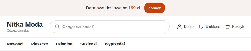 Pasek Soft: kremowe tło, brązowy tekst, kwota 199 zł i okrągły ceglany przycisk Zobacz.