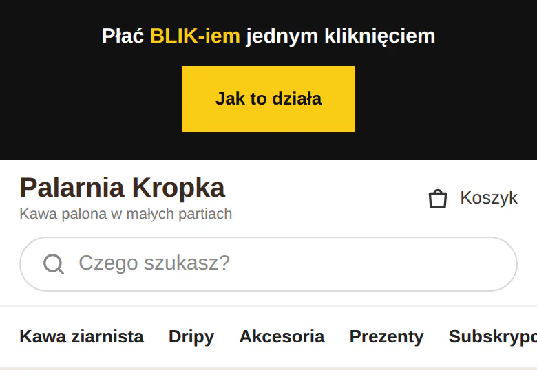Telefon: czarny pasek „Płać BLIK-iem jednym kliknięciem” z żółtym przyciskiem Jak to działa.