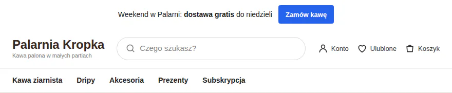 Sklep z kawą w sobotę z paskiem „Weekend w Palarni: dostawa gratis do niedzieli”.