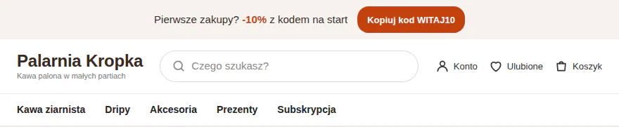 Sklep z kawą z paskiem „Pierwsze zakupy? -10% z kodem na start” i przyciskiem Kopiuj kod WITAJ10.